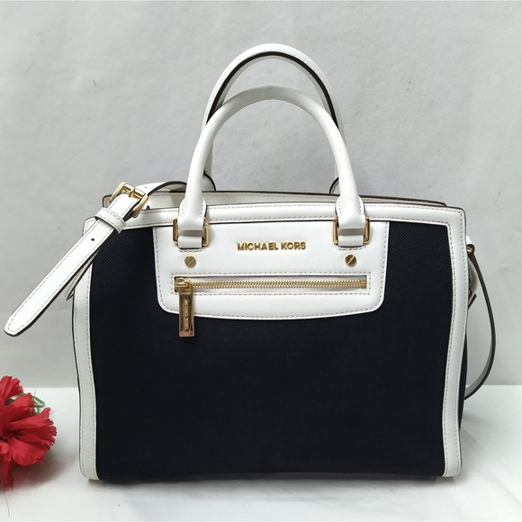 Michael Kors Selma Black White Canvas East West Double Handles Satchel Bag - Picture 1 of 16